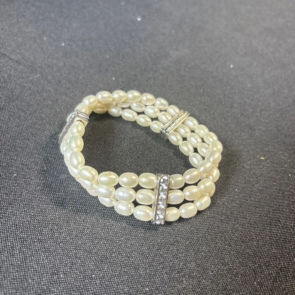 Three strand pearl and rhinestone bracelet costume jewelry
